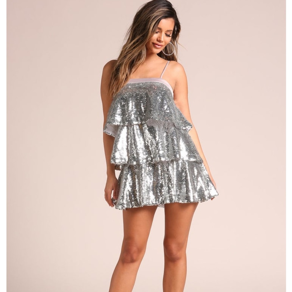 Cup & tea Los Angeles silver sequin three tier ruffle spaghetti strap dress